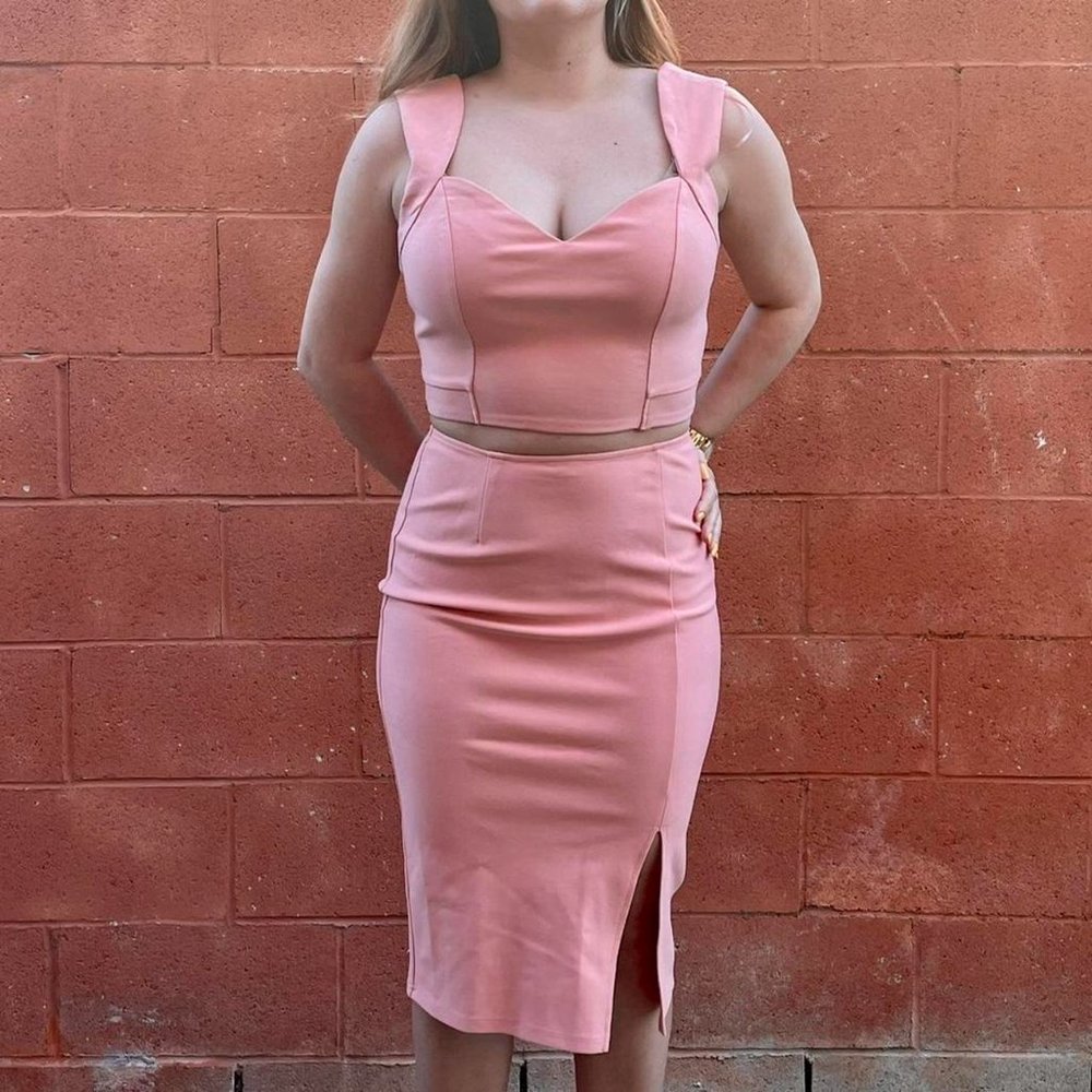 Pink Crop Top and Midi Skirt Matching Set